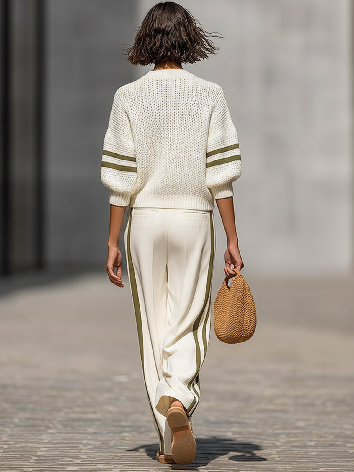 Cream White Knitted Wide-leg Pants Set With Side Stripes