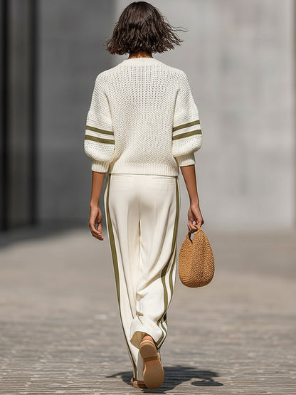 Cream White Knitted Wide-leg Pants Set With Side Stripes
