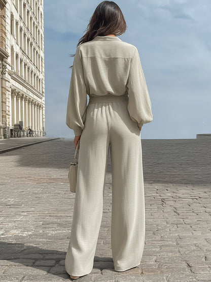 Lantern Sleeve V-neck Top And Wide-leg Pants linen Set