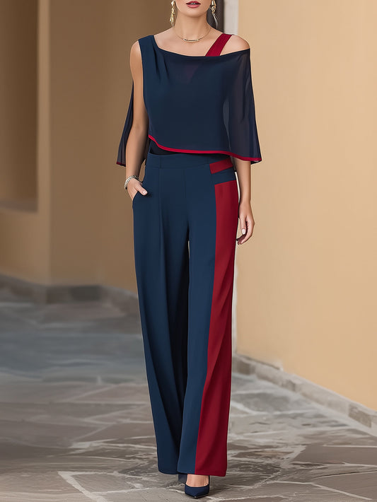 Off Shoulder Color Block Three Piece Outfit