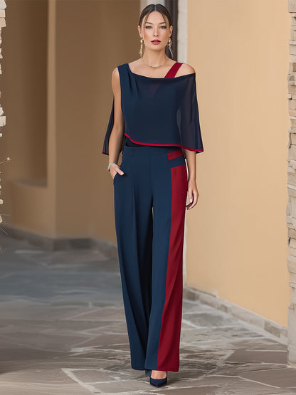 Off Shoulder Color Block Three Piece Outfit