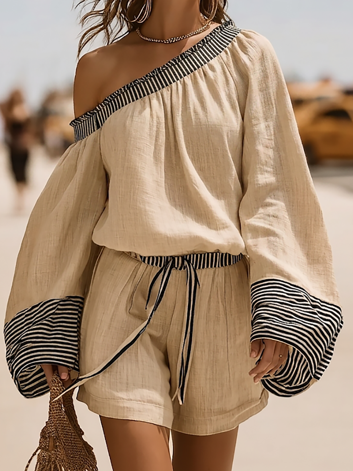Striped Trim One Shoulder Loose Two Piece Set