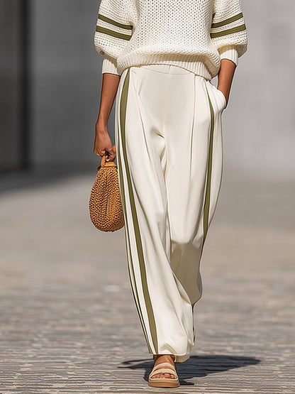 Cream White Knitted Wide-leg Pants Set With Side Stripes