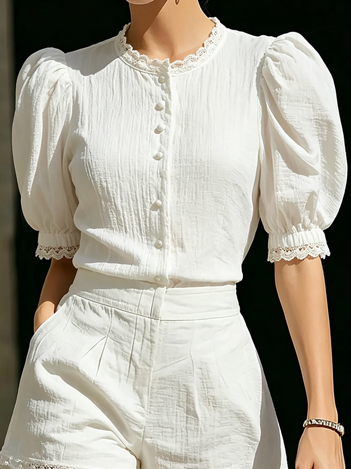 White Lace Trim Puff Sleeve Short Set