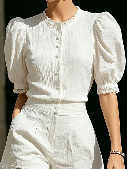 White Lace Trim Puff Sleeve Short Set
