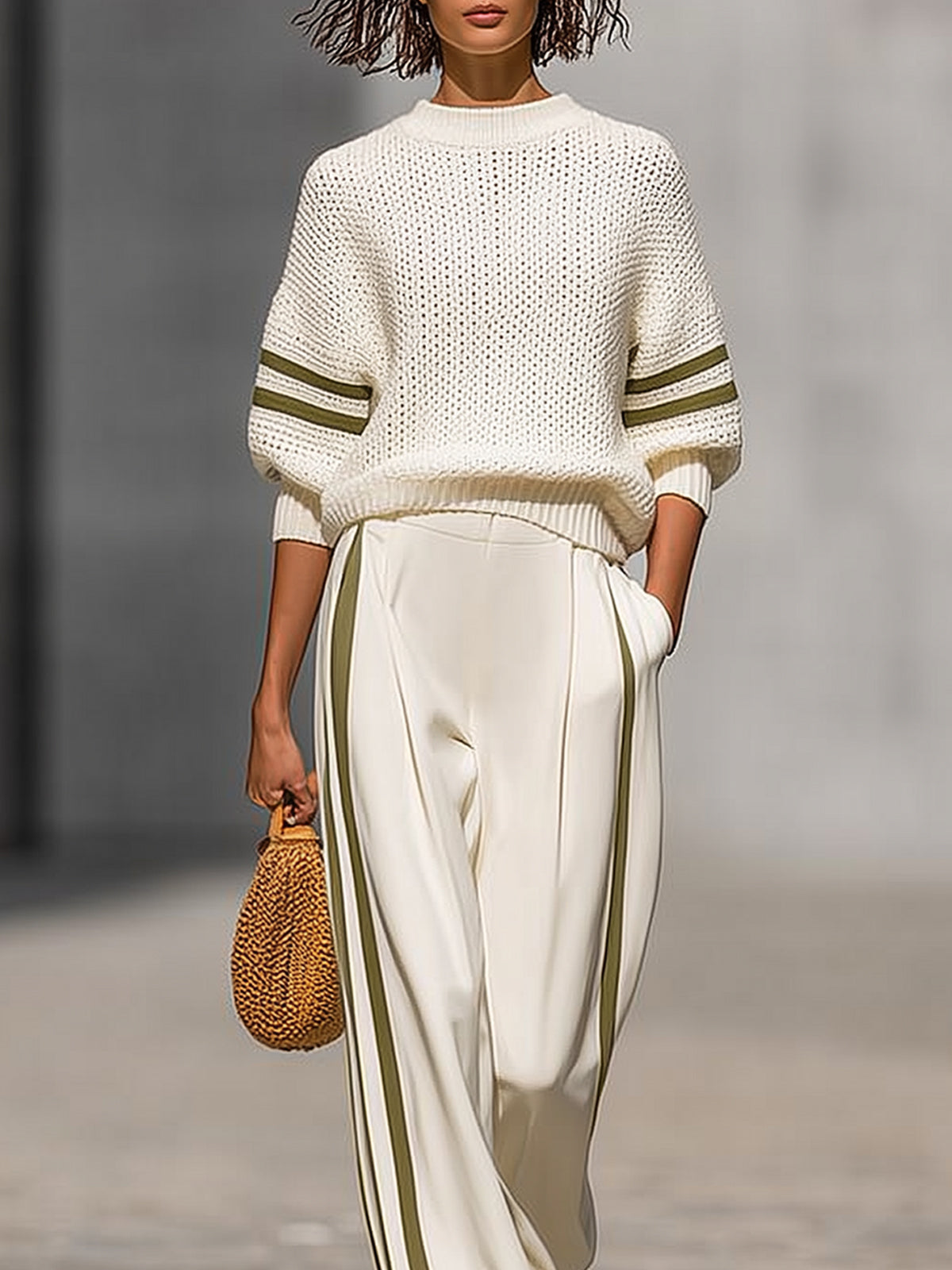 Cream White Knitted Wide-leg Pants Set With Side Stripes