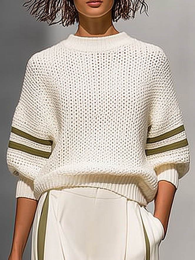 Cream White Knitted Wide-leg Pants Set With Side Stripes