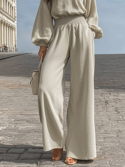 Lantern Sleeve V-neck Top And Wide-leg Pants linen Set