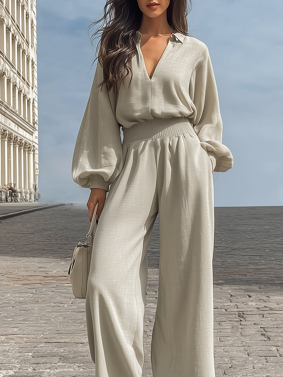 Lantern Sleeve V-neck Top And Wide-leg Pants linen Set