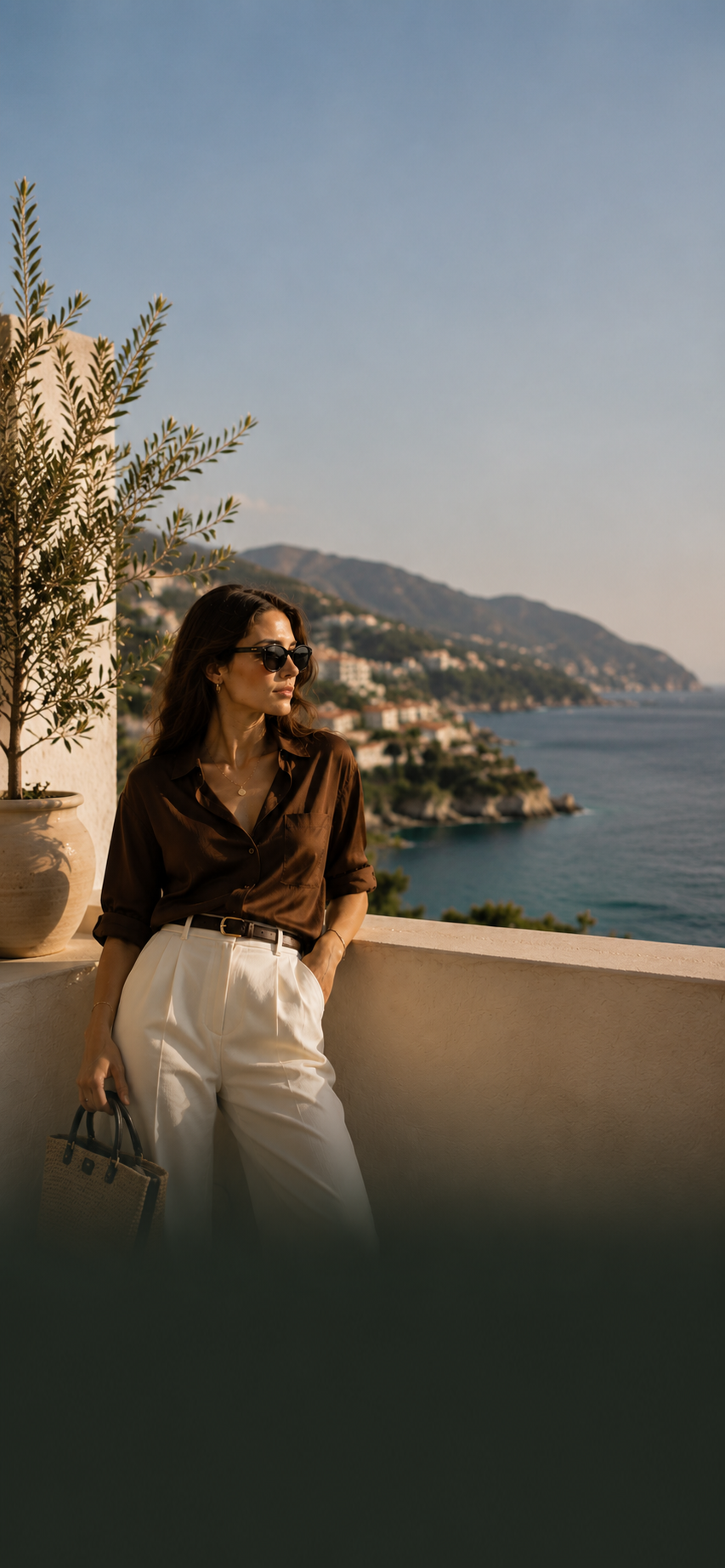 A woman wearing a dark brown blouse and white trousers stands on a balcony overlooking a scenic coastal town and sea, holding a small handbag.