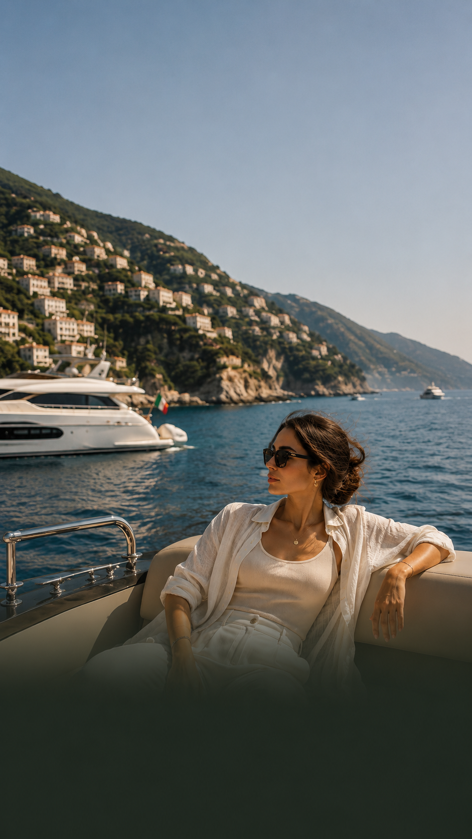 A woman in a white outfit and sunglasses relaxes on the deck of a yacht, with a scenic coastal hillside and boats in the background under a clear blue sky.